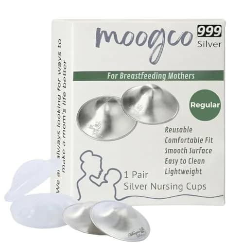 MOOGCO Silver Nursing Cups - 999k Pure Silver Nipple Shields for Breastfeeding - Chemical-Free Nipple Protection (Regular, Set of 2) thumbnail 1