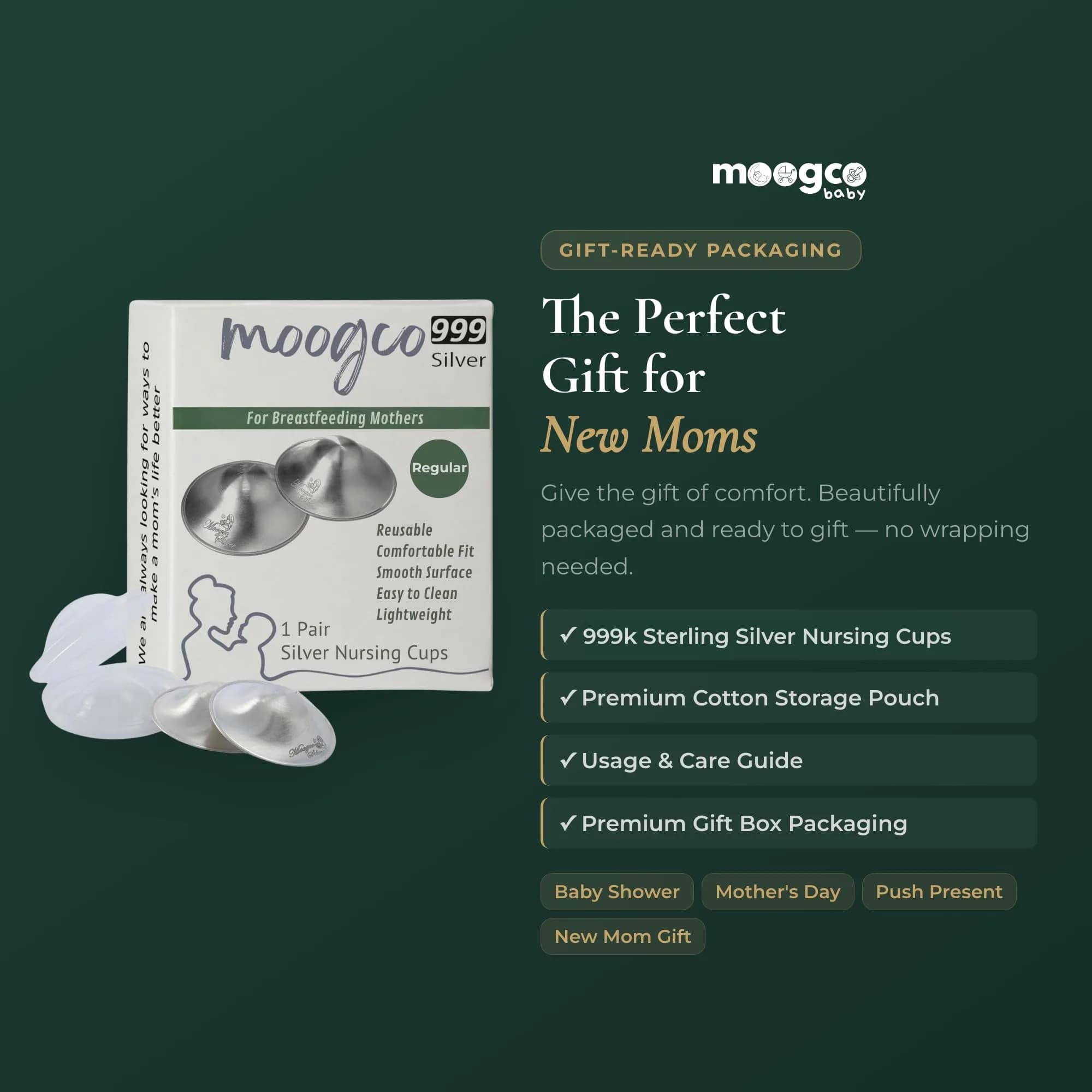 MOOGCO Silver Nursing Cups - 999k Pure Silver Nipple Shields for Breastfeeding - Chemical-Free Nipple Protection (Regular, Set of 2) - view 8
