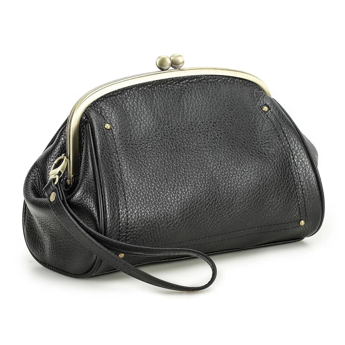 CONTACTS Large Leather Evening Clutch Bag for Women | Vintage Kiss Lock Purse with Detachable Wristlet (Black) - main product image