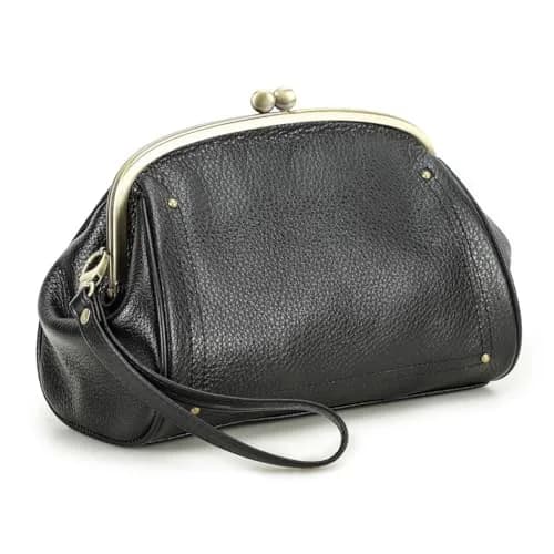 CONTACTS Large Leather Evening Clutch Bag for Women | Vintage Kiss Lock Purse with Detachable Wristlet (Black) thumbnail 1