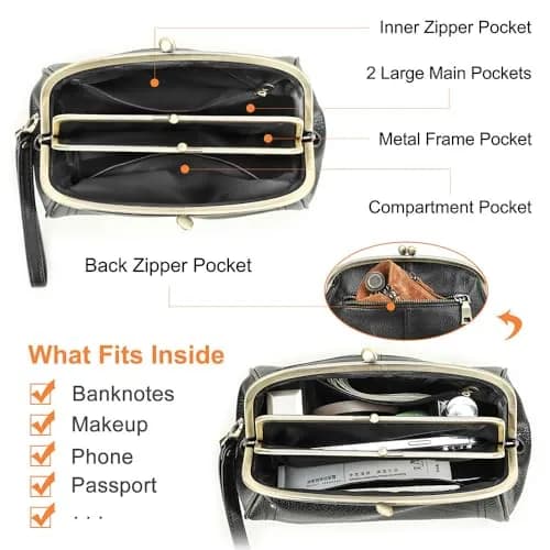 CONTACTS Large Leather Evening Clutch Bag for Women | Vintage Kiss Lock Purse with Detachable Wristlet (Black) thumbnail 4