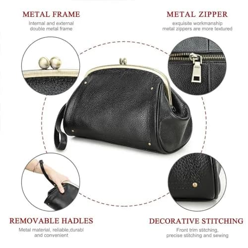 CONTACTS Large Leather Evening Clutch Bag for Women | Vintage Kiss Lock Purse with Detachable Wristlet (Black) thumbnail 5