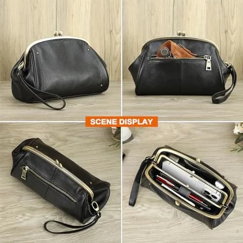 CONTACTS Large Leather Evening Clutch Bag for Women | Vintage Kiss Lock Purse with Detachable Wristlet (Black) thumbnail 8