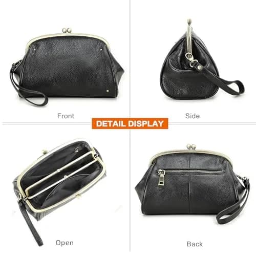 CONTACTS Large Leather Evening Clutch Bag for Women | Vintage Kiss Lock Purse with Detachable Wristlet (Black) thumbnail 9