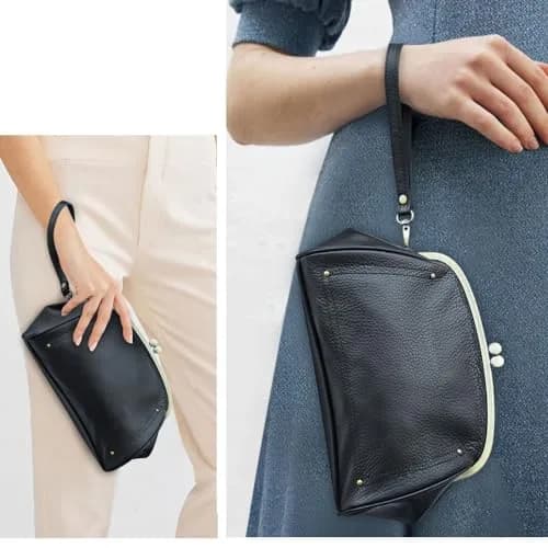 CONTACTS Large Leather Evening Clutch Bag for Women | Vintage Kiss Lock Purse with Detachable Wristlet (Black) thumbnail 2