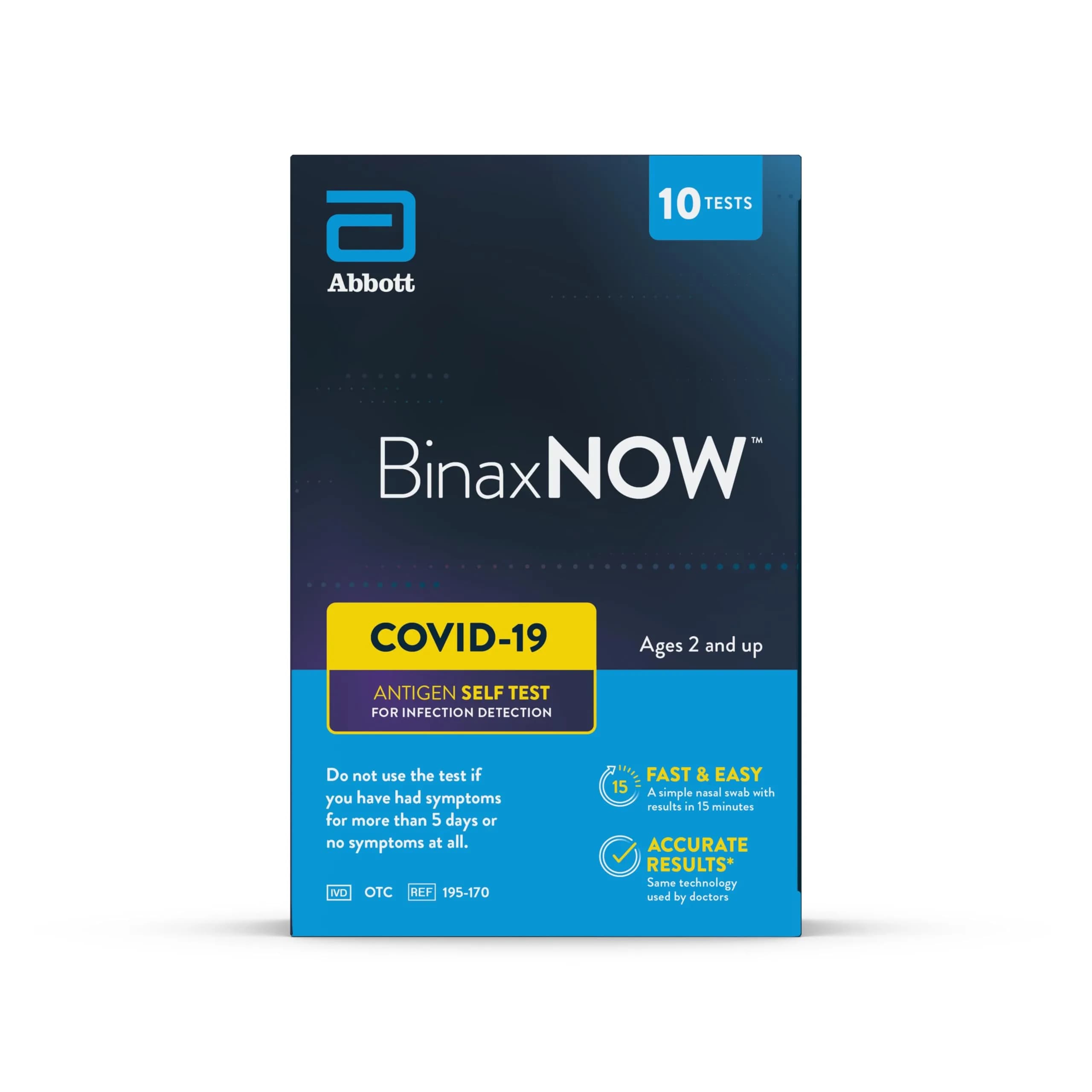 BinaxNOW COVID-19 Antigen Self Test, 1 Pack, 2 Tests | Rapid 15-Minute Results for Home Use — 10 Tests