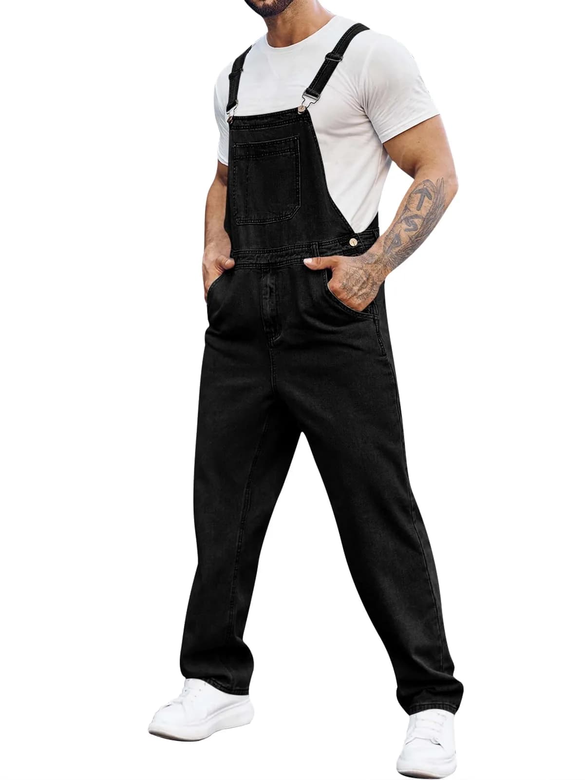 Runcati Men's Black Denim Bib Overall Jean Romper Trousers Slim Fit Jumpsuit with Adjustable Straps (Size Medium)