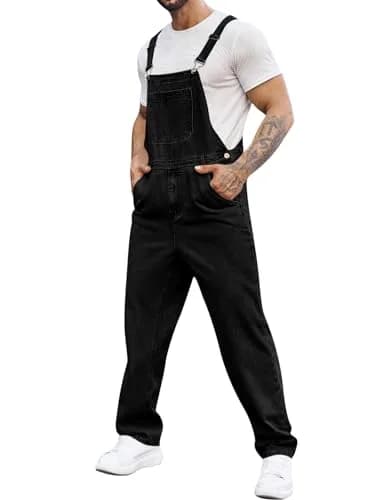 Runcati Men's Black Denim Bib Overall Jean Romper Trousers Slim Fit Jumpsuit with Adjustable Straps (Size Medium) thumbnail 1