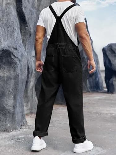 Runcati Men's Black Denim Bib Overall Jean Romper Trousers Slim Fit Jumpsuit with Adjustable Straps (Size Medium) thumbnail 5