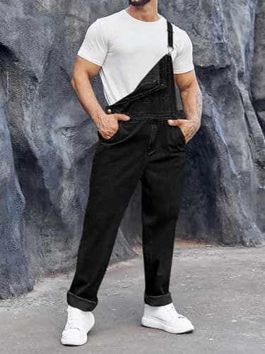Runcati Men's Black Denim Bib Overall Jean Romper Trousers Slim Fit Jumpsuit with Adjustable Straps (Size Medium) thumbnail 2