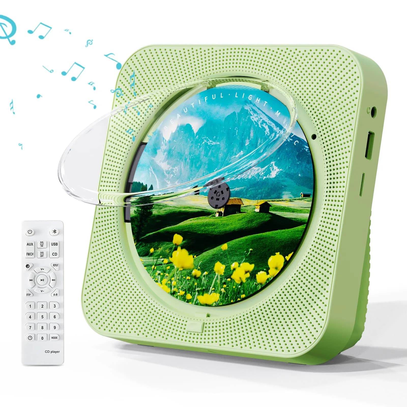 MICOCIOUS Portable CD Player with Bluetooth & Remote, Green | Desktop Home Audio Boombox with Dual Speakers, FM Radio, USB, TF Card - main product image