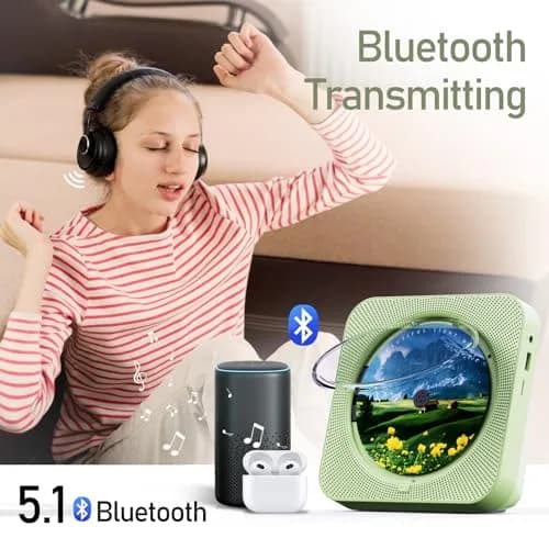 MICOCIOUS Portable CD Player with Bluetooth & Remote, Green | Desktop Home Audio Boombox with Dual Speakers, FM Radio, USB, TF Card thumbnail 4