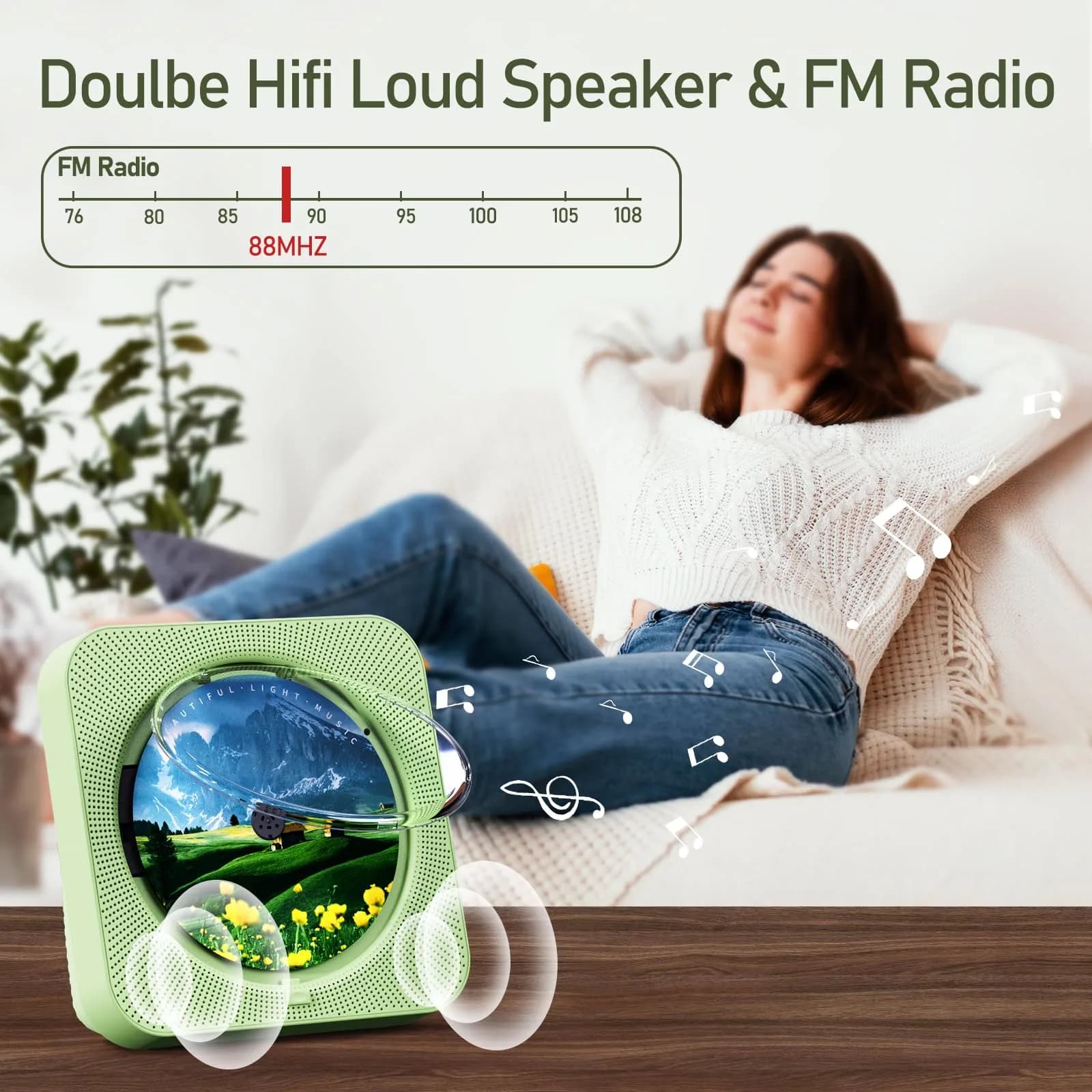 MICOCIOUS Portable CD Player with Bluetooth & Remote, Green | Desktop Home Audio Boombox with Dual Speakers, FM Radio, USB, TF Card - view 5