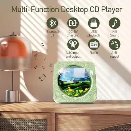 MICOCIOUS Portable CD Player with Bluetooth & Remote, Green | Desktop Home Audio Boombox with Dual Speakers, FM Radio, USB, TF Card thumbnail 2