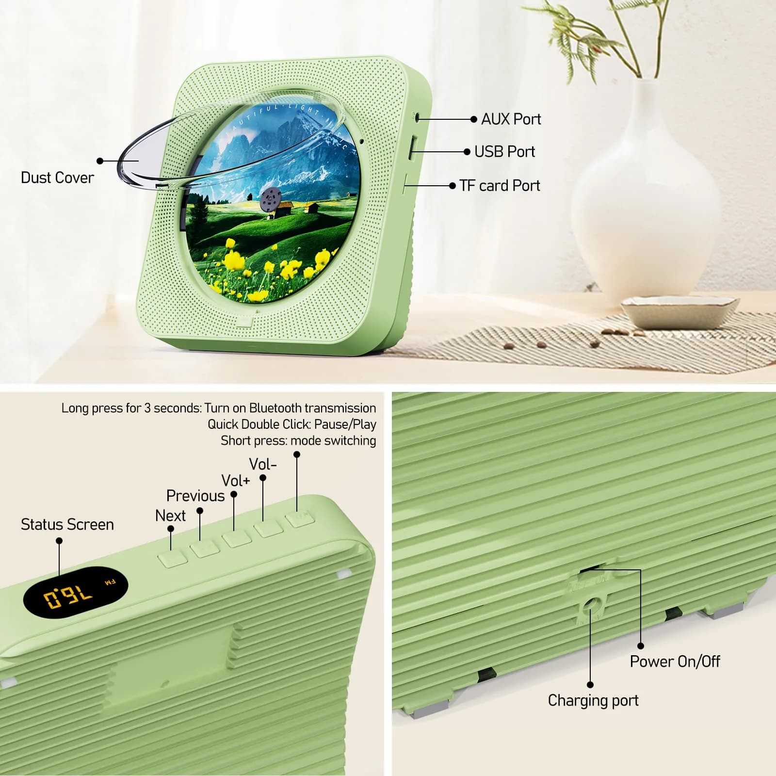 MICOCIOUS Portable CD Player with Bluetooth & Remote, Green | Desktop Home Audio Boombox with Dual Speakers, FM Radio, USB, TF Card - view 3