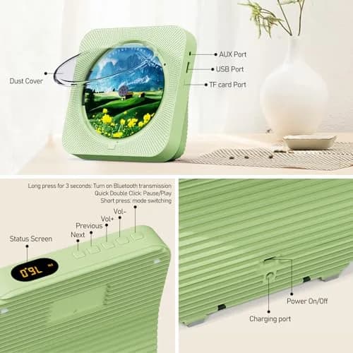 MICOCIOUS Portable CD Player with Bluetooth & Remote, Green | Desktop Home Audio Boombox with Dual Speakers, FM Radio, USB, TF Card thumbnail 3