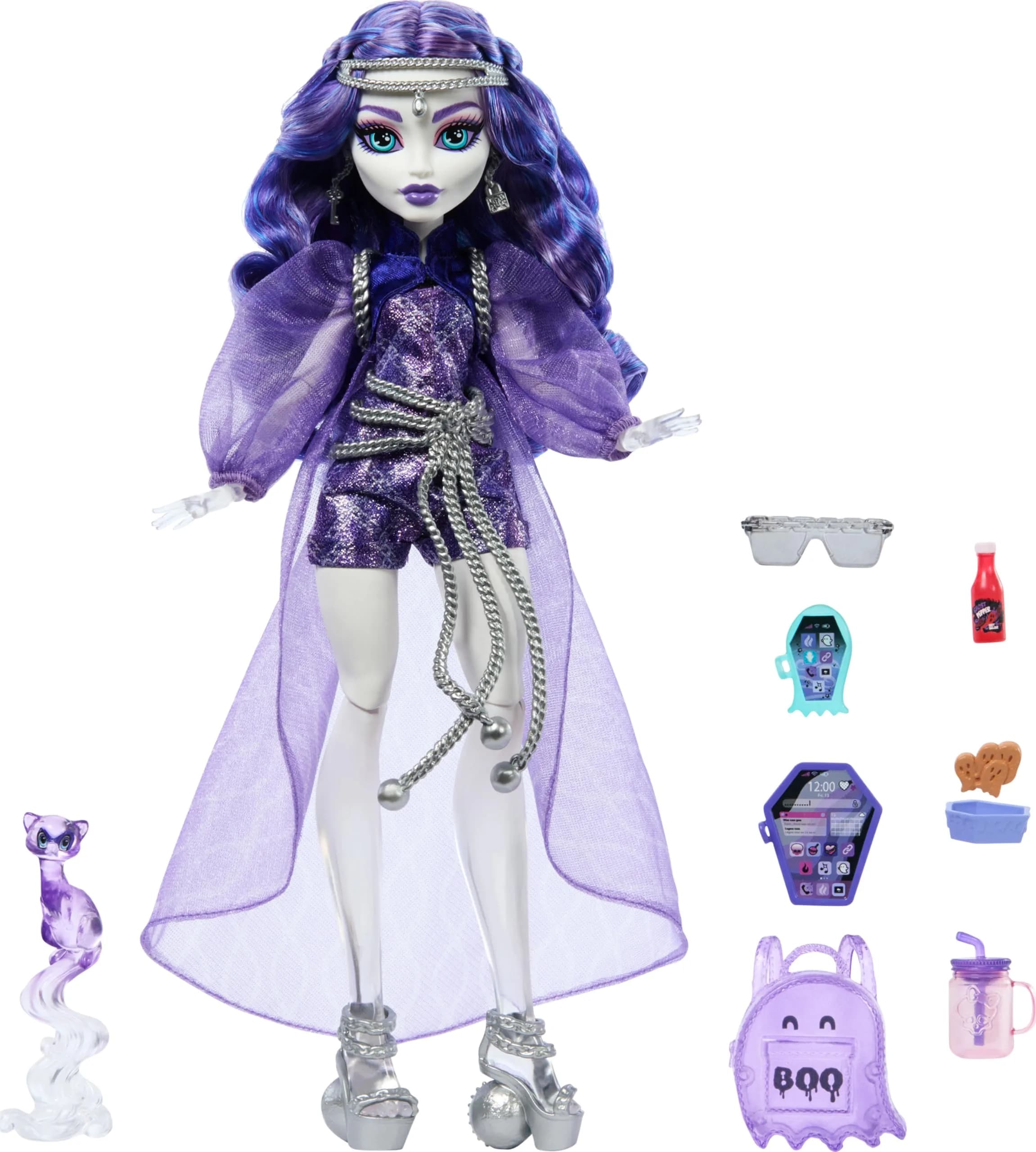 Monster High Spectra Vondergeist Doll with Pet Ferret Rhuen & 7 Accessories | Ages 4+