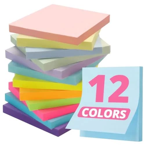Taja 12 Pads Sticky Notes 3"x 3" | Colorful, Recyclable, 600 Notes for Office & Study thumbnail 1