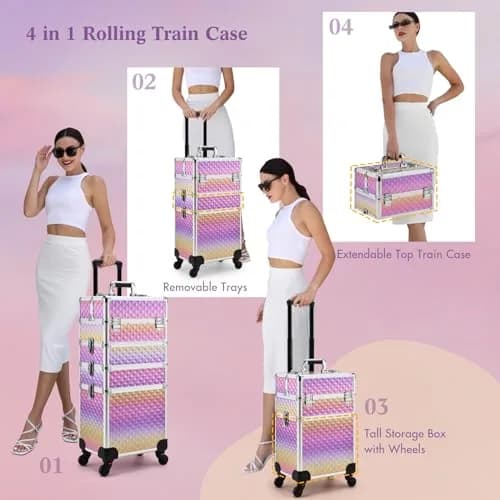Yueieoun Makeup Case on Wheels, 4-in-1 Rolling Trolley, Gradient Purpple | Professional Makeup Travel Cart thumbnail 2