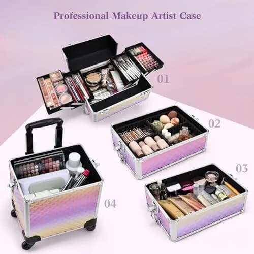 Yueieoun Makeup Case on Wheels, 4-in-1 Rolling Trolley, Gradient Purpple | Professional Makeup Travel Cart thumbnail 3
