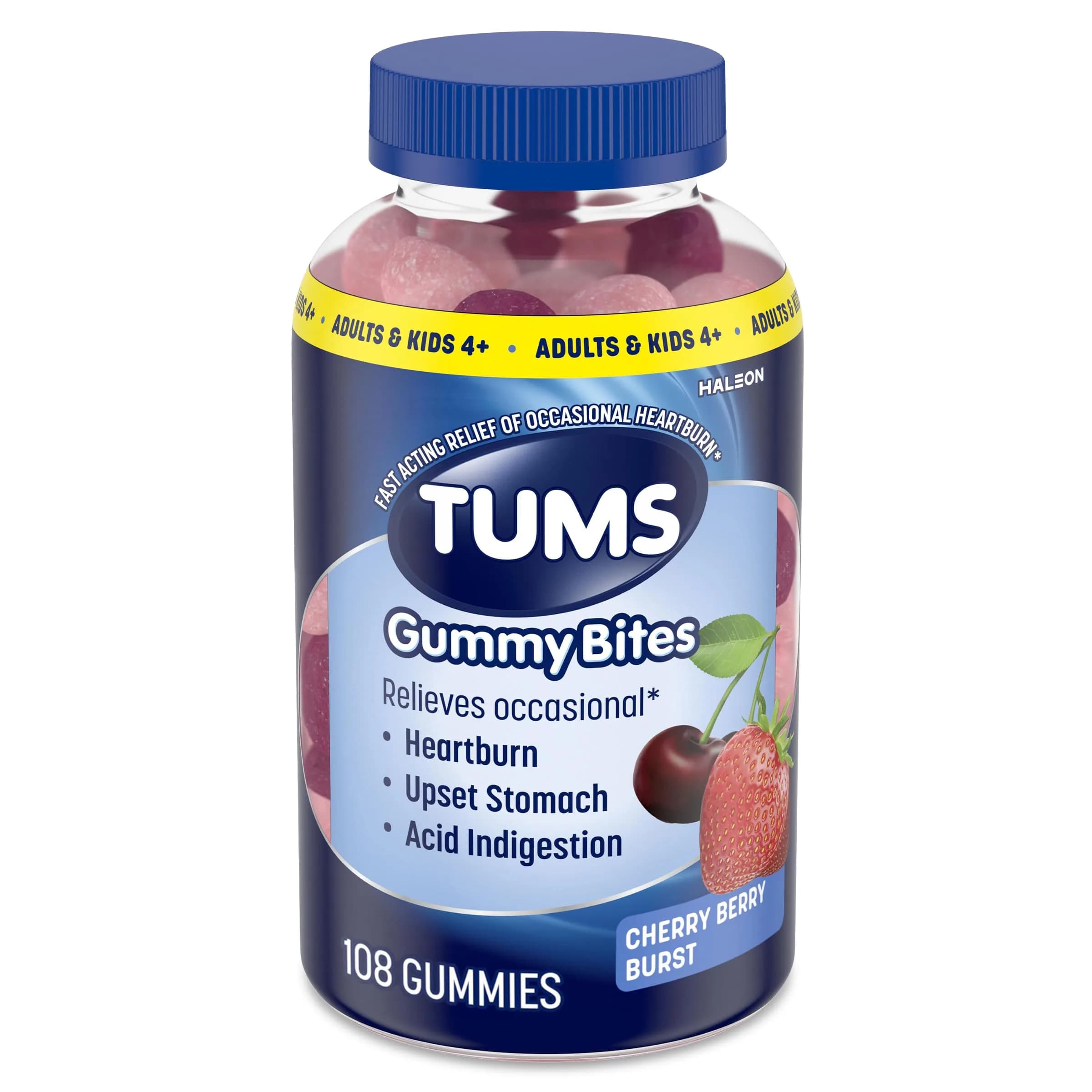 TUMS Gummy Bites Antacid Tablets Cherry Berry Burst 108 Count | Fast-Acting Relief for Occasional Heartburn — Gummy