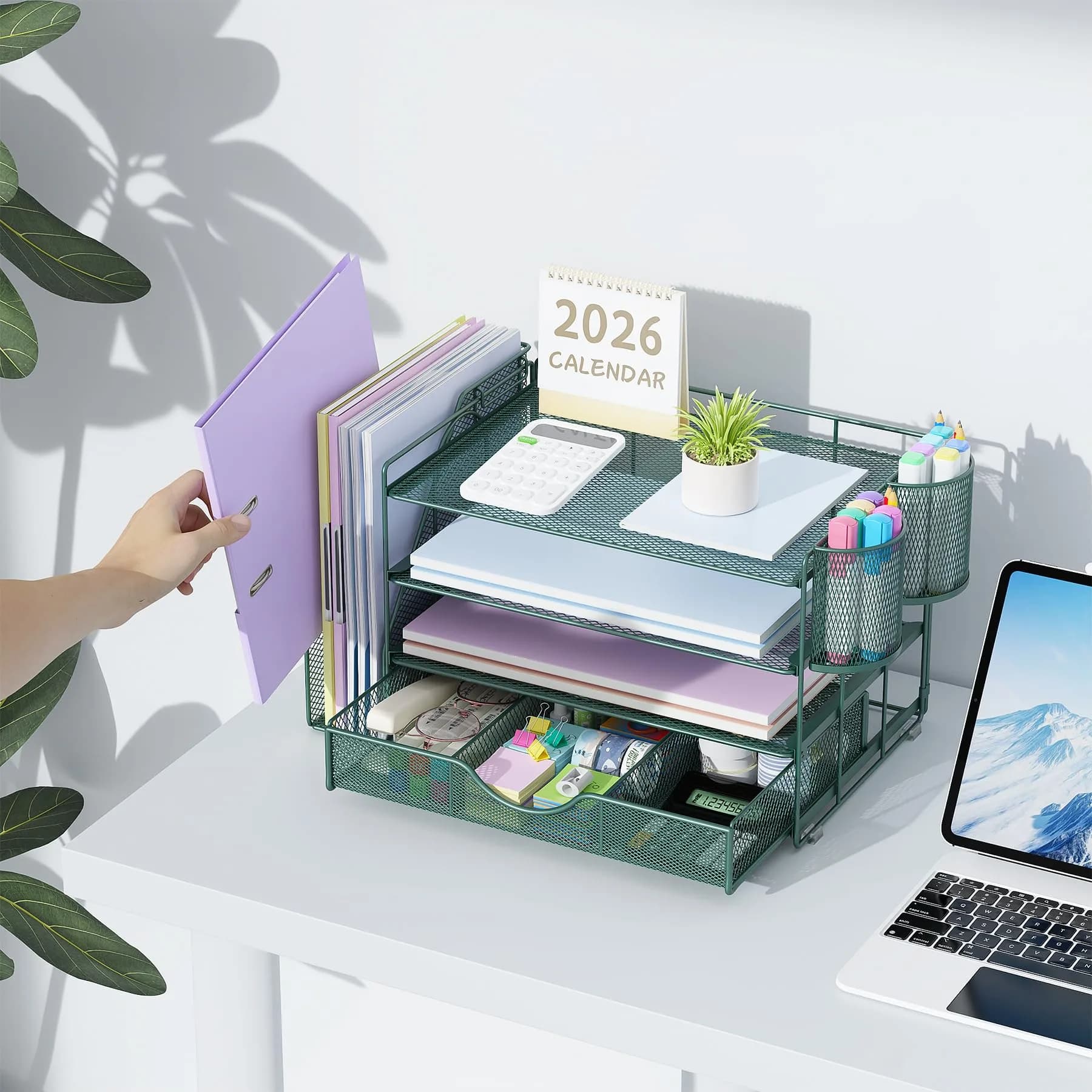 gianotter 4-Tier Desk Organizer with Drawers, File Holders, Letter Trays and Pen Holders - Workspace Accessories for Office Supplies (Green) | Modern Style - view 6