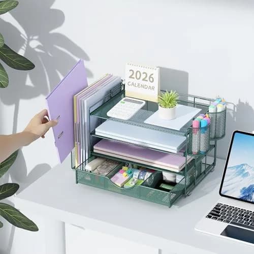 gianotter 4-Tier Desk Organizer with Drawers, File Holders, Letter Trays and Pen Holders - Workspace Accessories for Office Supplies (Green) | Modern Style thumbnail 6