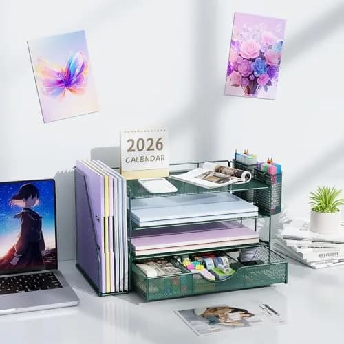 gianotter 4-Tier Desk Organizer with Drawers, File Holders, Letter Trays and Pen Holders - Workspace Accessories for Office Supplies (Green) | Modern Style thumbnail 7