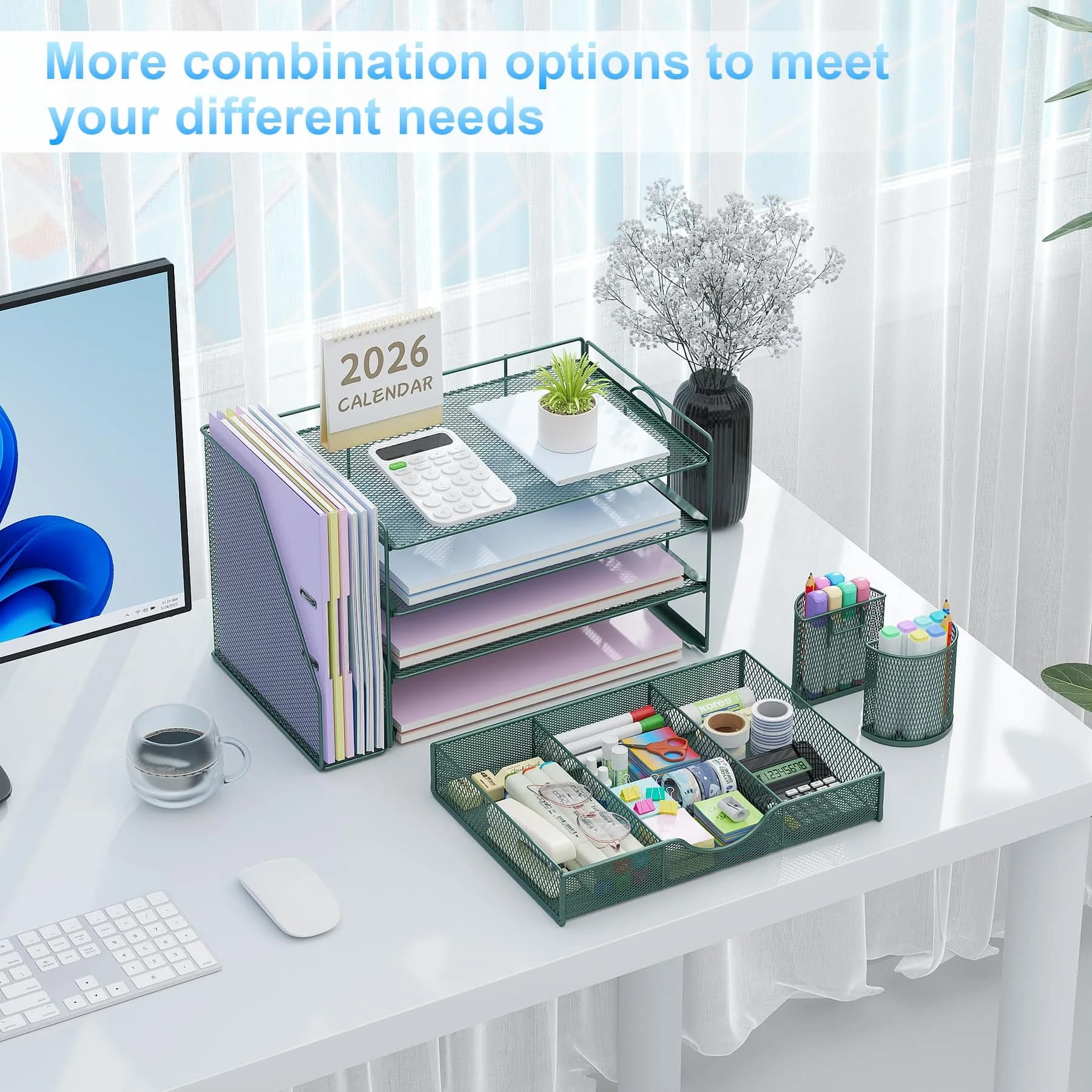 gianotter 4-Tier Desk Organizer with Drawers, File Holders, Letter Trays and Pen Holders - Workspace Accessories for Office Supplies (Green) | Modern Style - view 3