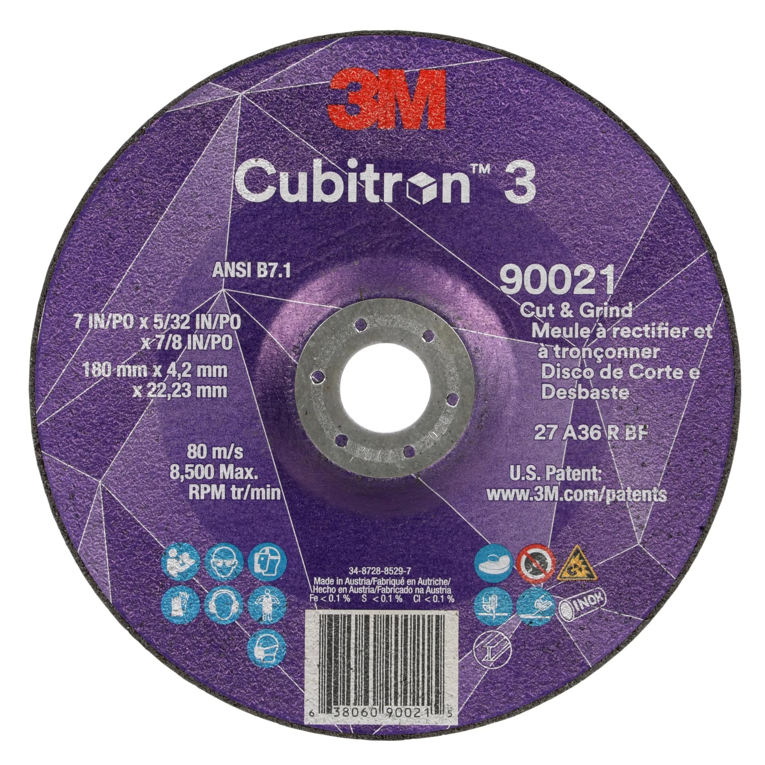 3M Cubitron 3 Cut and Grind Wheel, 36+ Grit, T27, 7 in x 5/32 in x 7/8 in | Long-lasting ceramic abrasive