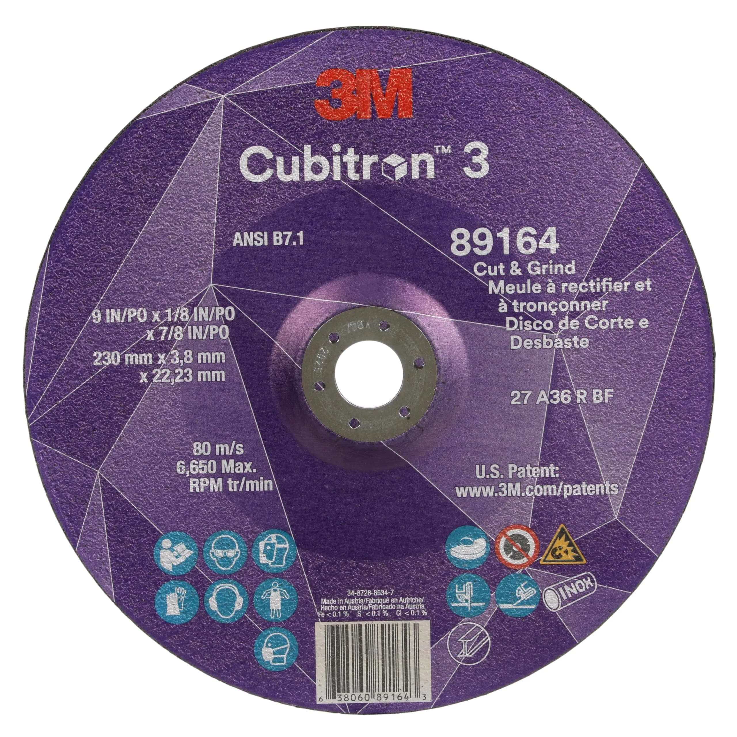 3M Cubitron 3 Cut and Grind Wheel, 36+, T27, 9 in x 1/8 in x 7/8 in, Longer Life