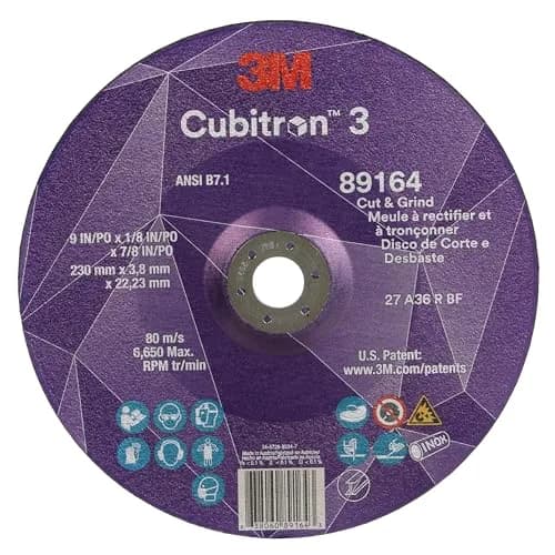 3M Cubitron 3 Cut and Grind Wheel, 36+, T27, 9 in x 1/8 in x 7/8 in, Longer Life thumbnail 1