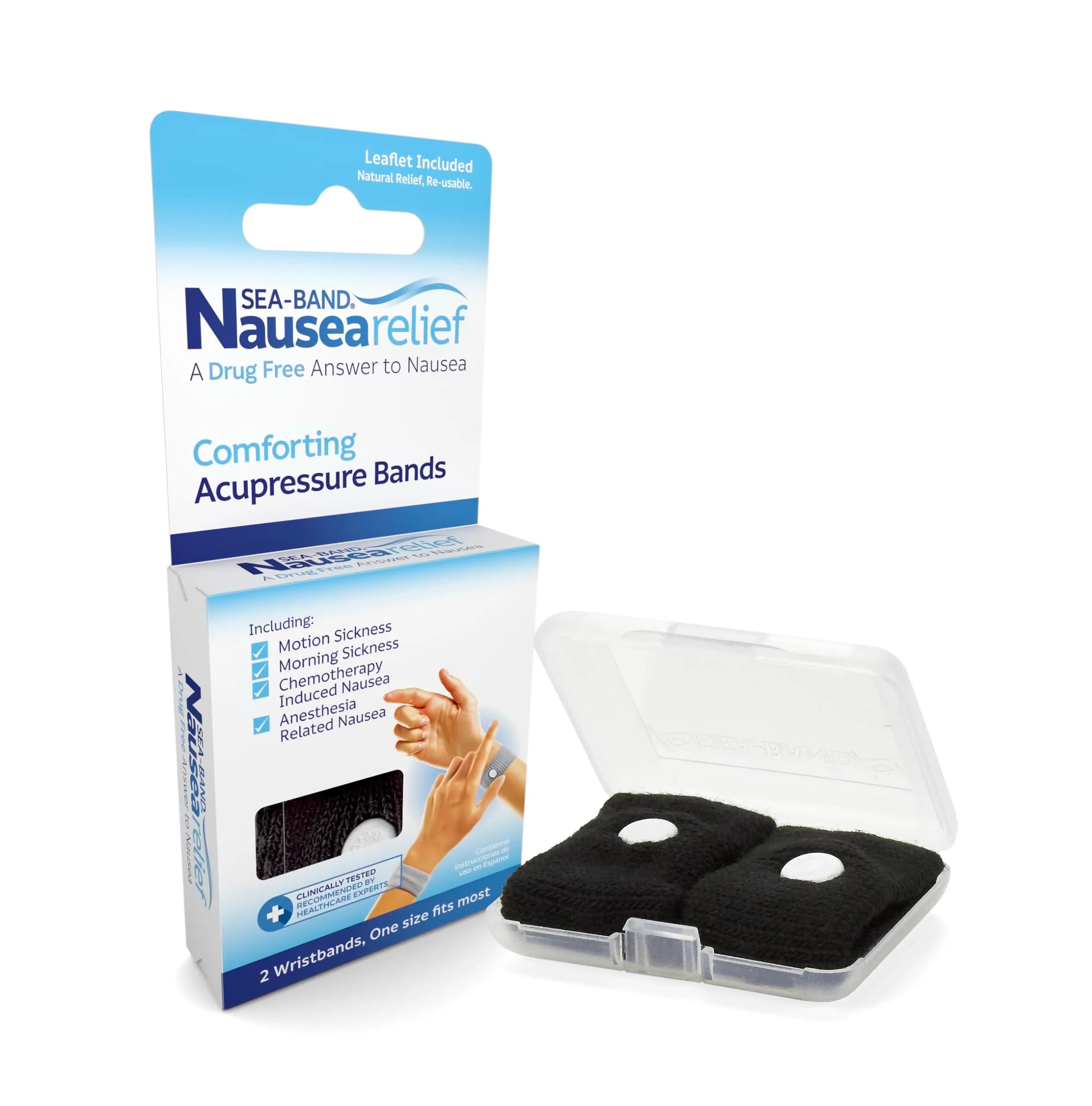 Sea-Band Anti-Nausea Acupressure Wristbands, 1 Pair, Black | Clinically Proven Drug-Free Nausea Relief — Black