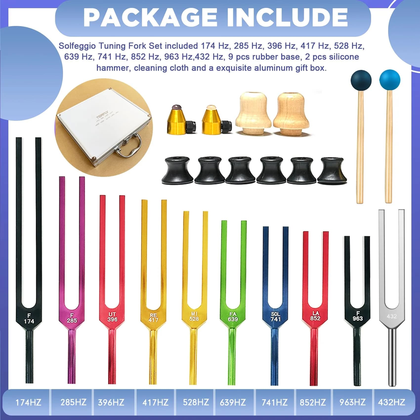 TENFLY Solfeggio Tuning Fork Set 10-Piece Aluminum Alloy with Gift Box | Accurate Frequencies for Sound Therapy - view 2
