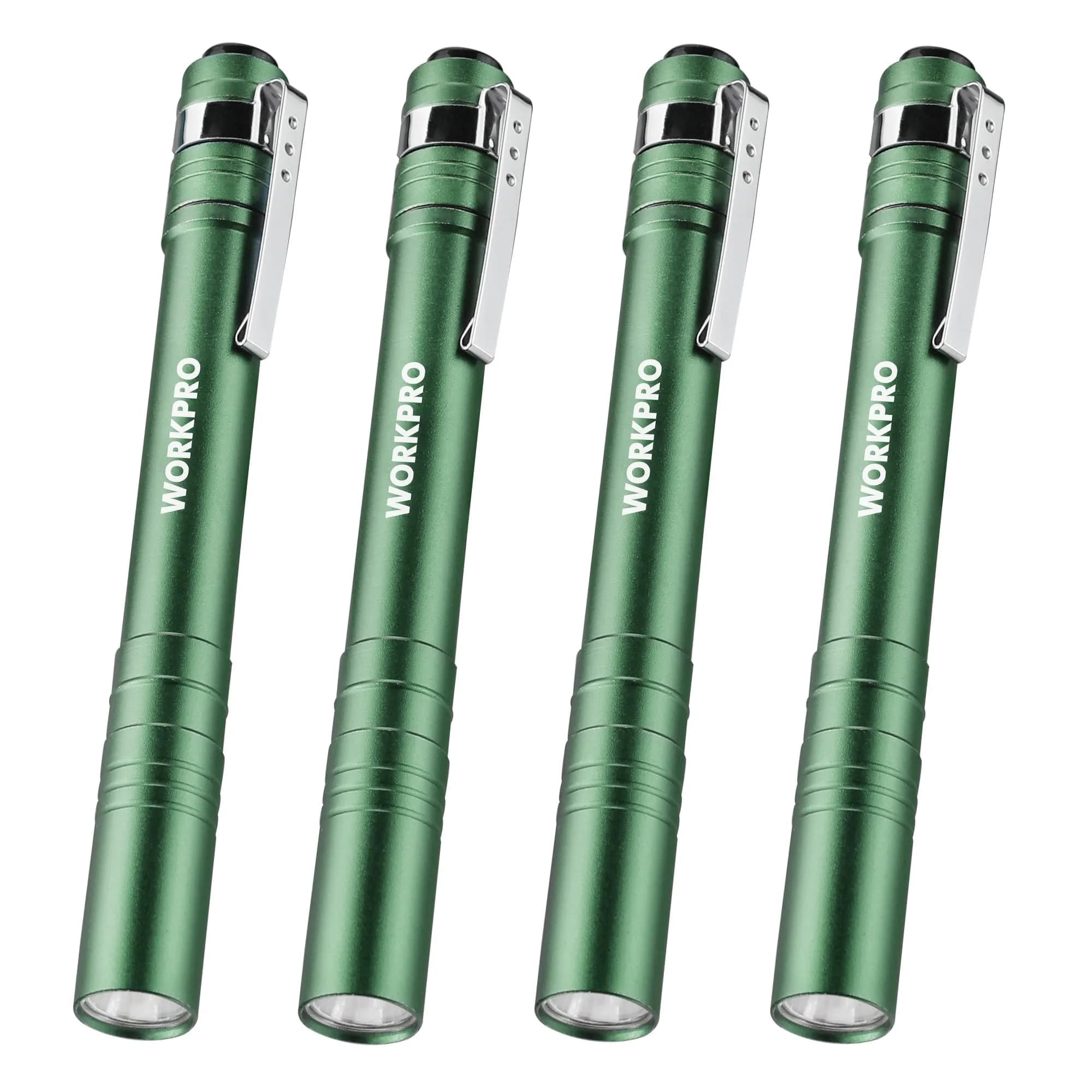 WORKPRO LED Pen Light 4-Pack Green | Pocket Flashlight with Clip & 2AAA Batteries Included - main product image
