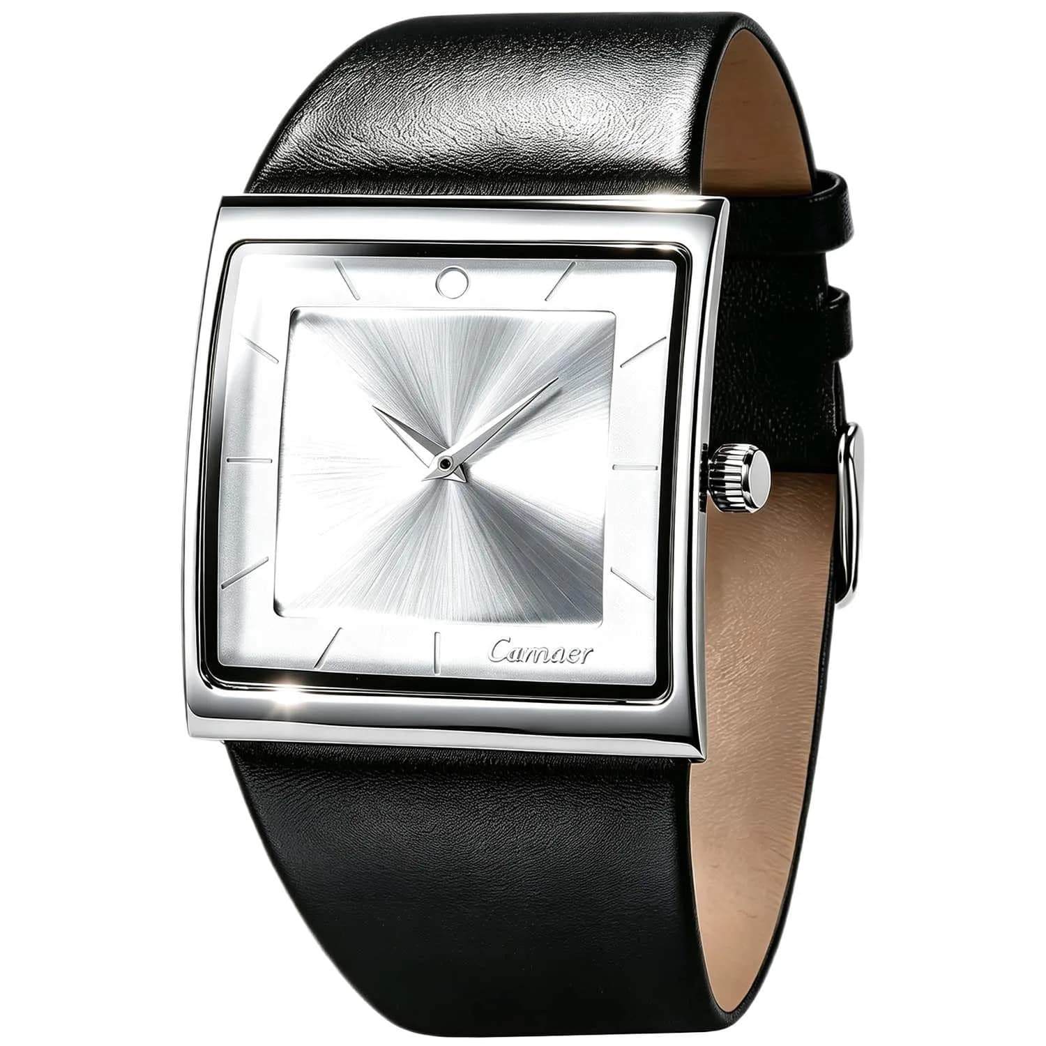SIBOSUN Men's Square Dial Quartz Analog Watch | 41mm Stainless Steel Case, Brown Dial, Black Leather Strap — A-c. White, Black