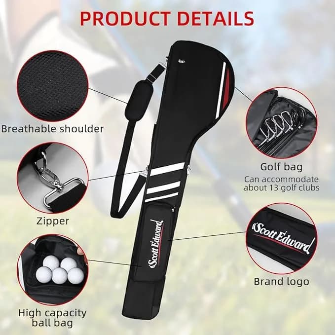 Scott Edward Foldable Golf Club Carry Bag, Portable Sunday Pencil Bag, Lightweight Waterproof Training Case, Holds 7-12 Clubs (Black White Red, 122cm/48in) - view 4