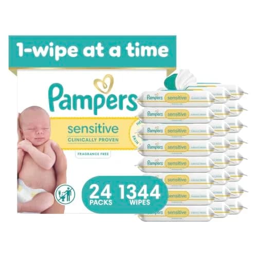 Pampers Sensitive Baby Wipes, Hypoallergenic, Fragrance-Free, 1344 Wipes (24 Packs) | Clinically Proven for Sensitive Skin thumbnail 1