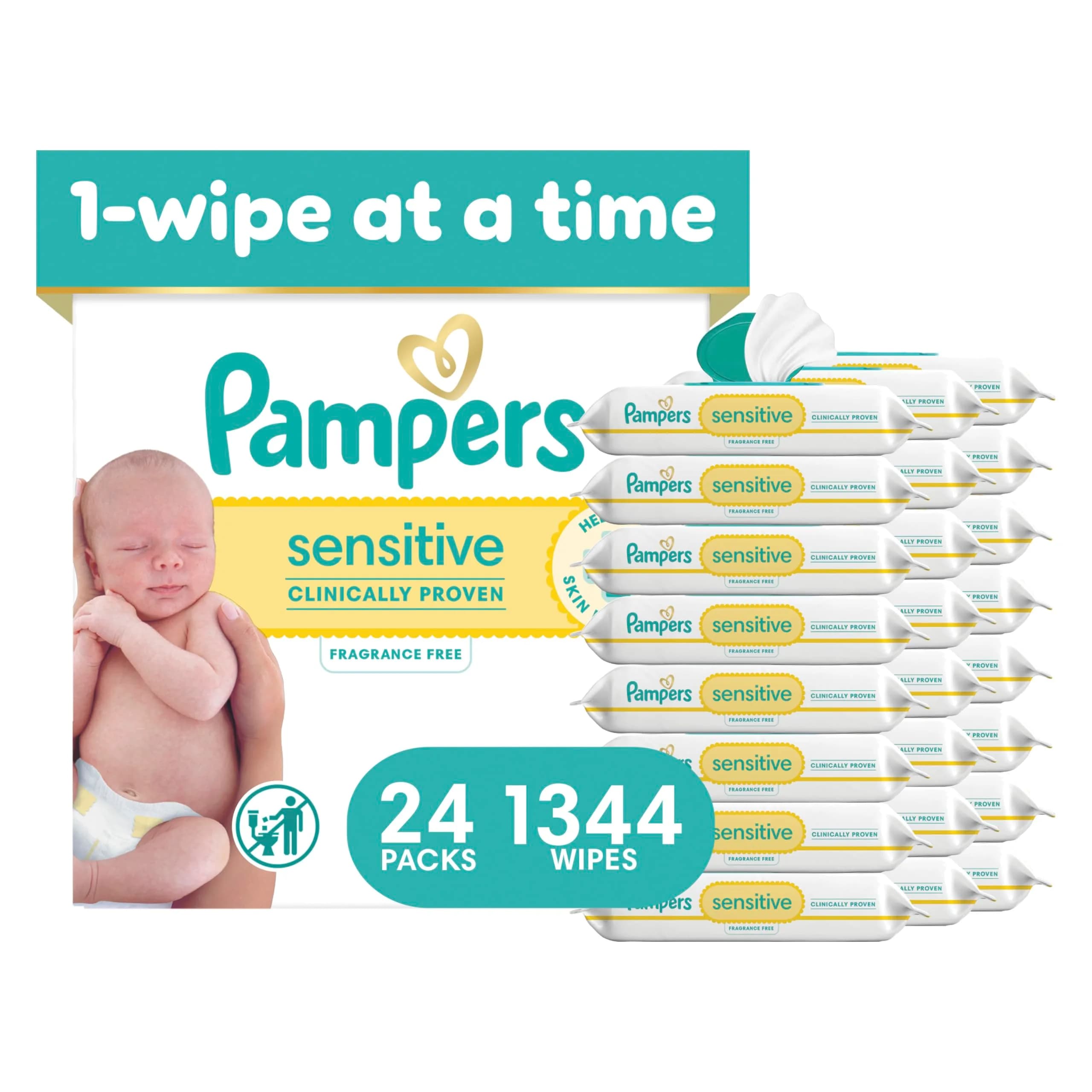 Pampers Sensitive Baby Wipes, Hypoallergenic, Fragrance-Free, 1344 Wipes (24 Packs) | Clinically Proven for Sensitive Skin - main product image