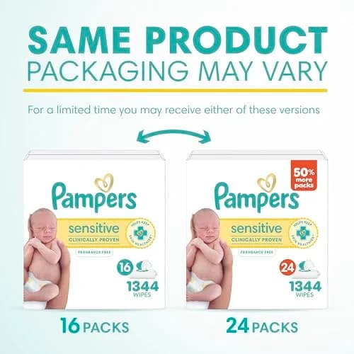 Pampers Sensitive Baby Wipes, Hypoallergenic, Fragrance-Free, 1344 Wipes (24 Packs) | Clinically Proven for Sensitive Skin thumbnail 2