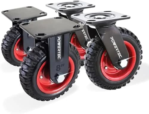 POWERTEC 8 Inch Heavy Duty Plate Casters Set of 4 | 2 Swivel & 2 Fixed, Rubber Knobby Tread (17055V) thumbnail 1