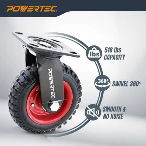 POWERTEC 8 Inch Heavy Duty Plate Casters Set of 4 | 2 Swivel & 2 Fixed, Rubber Knobby Tread (17055V) thumbnail 4