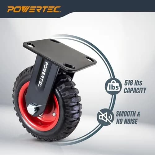 POWERTEC 8 Inch Heavy Duty Plate Casters Set of 4 | 2 Swivel & 2 Fixed, Rubber Knobby Tread (17055V) thumbnail 5