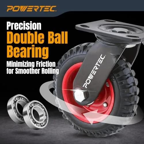POWERTEC 8 Inch Heavy Duty Plate Casters Set of 4 | 2 Swivel & 2 Fixed, Rubber Knobby Tread (17055V) thumbnail 6