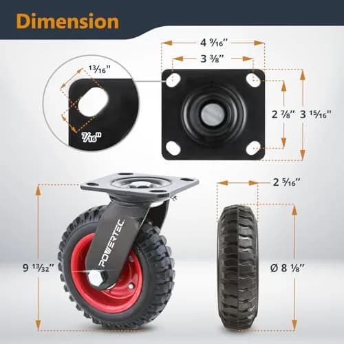 POWERTEC 8 Inch Heavy Duty Plate Casters Set of 4 | 2 Swivel & 2 Fixed, Rubber Knobby Tread (17055V) thumbnail 2