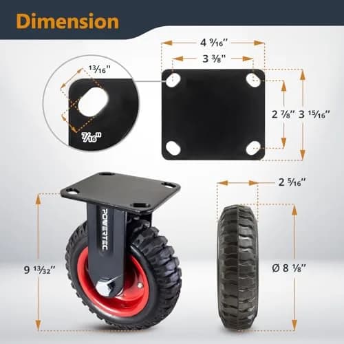POWERTEC 8 Inch Heavy Duty Plate Casters Set of 4 | 2 Swivel & 2 Fixed, Rubber Knobby Tread (17055V) thumbnail 3