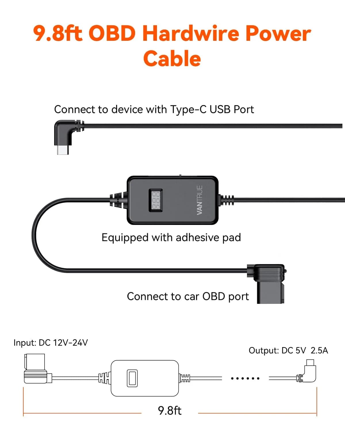 VANTRUE LED Screen OBD Hardwire Power Cable 3.05m (10ft) | Smart Low Voltage Protection for Parking Mode - view 2