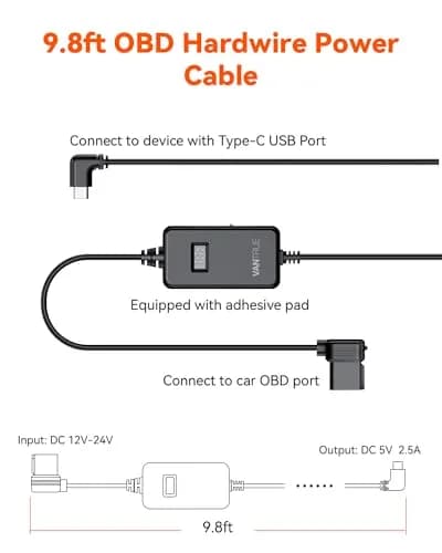 VANTRUE LED Screen OBD Hardwire Power Cable 3.05m (10ft) | Smart Low Voltage Protection for Parking Mode thumbnail 2