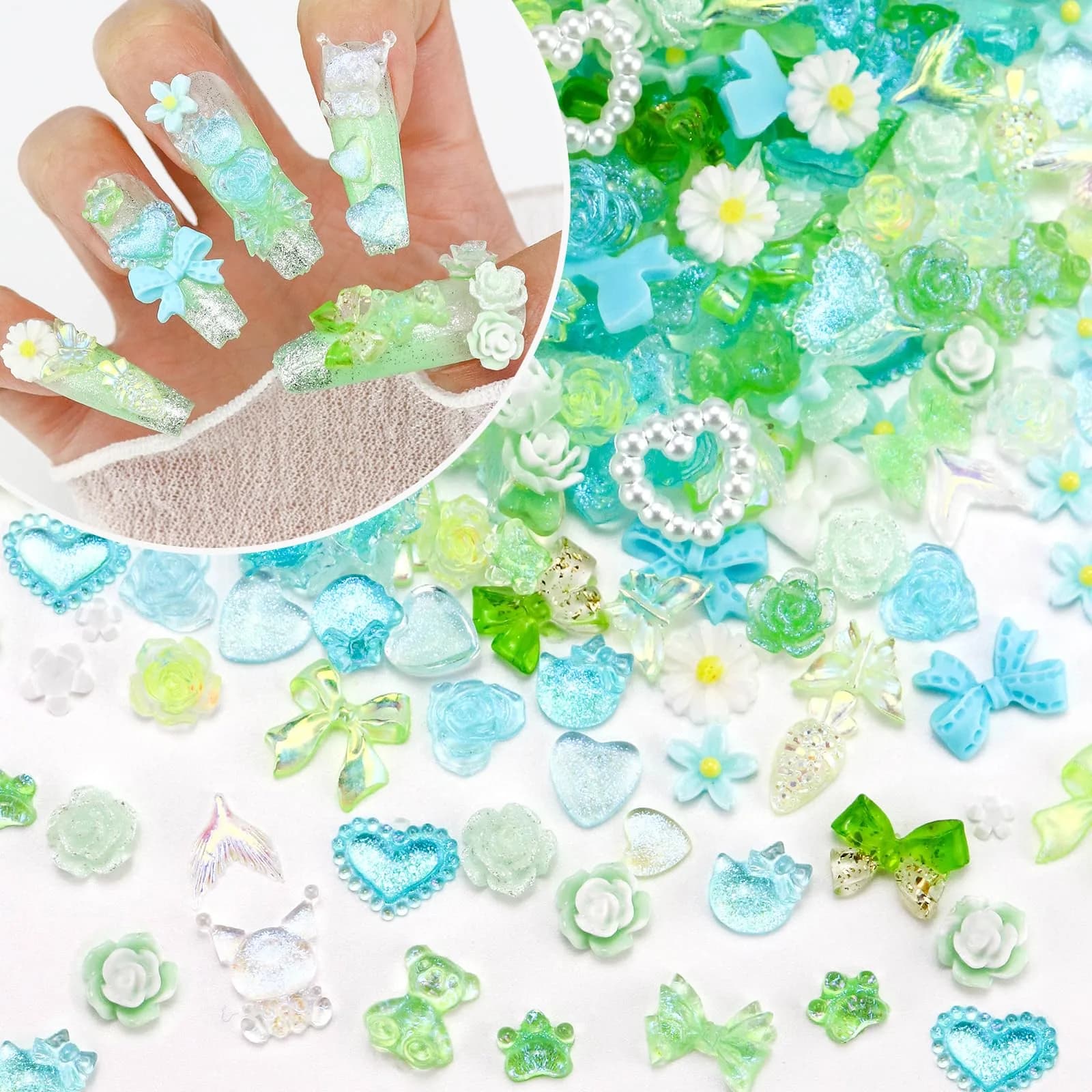 Briskbloom 320PCS White Assorted 3D Nail Charms | DIY Nail Art & Crafts — 04-Green Paradise Blend