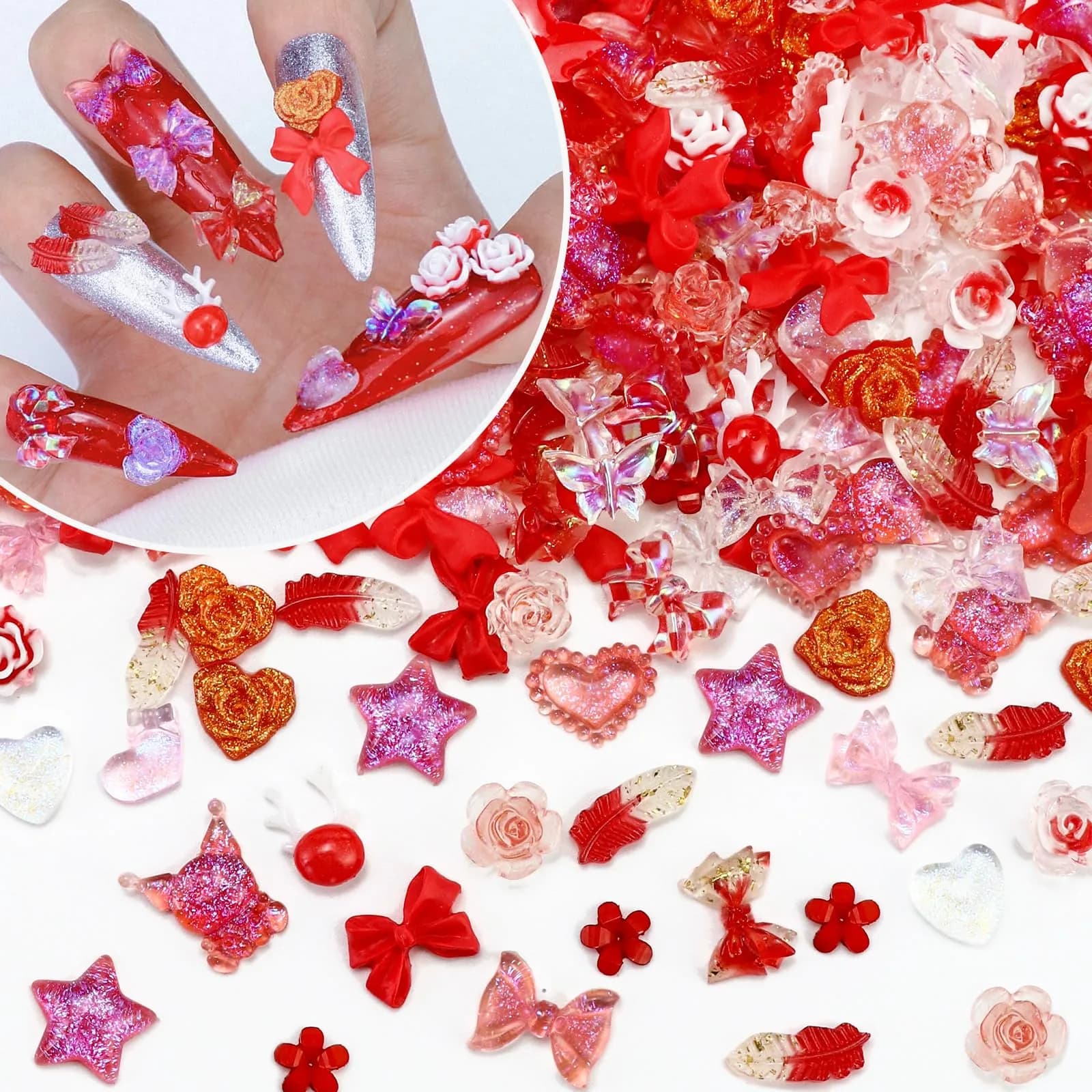 Briskbloom 320PCS Red Assorted Nail Charms | 3D Nail Art & DIY Accessories — 08-Red Romance Blend